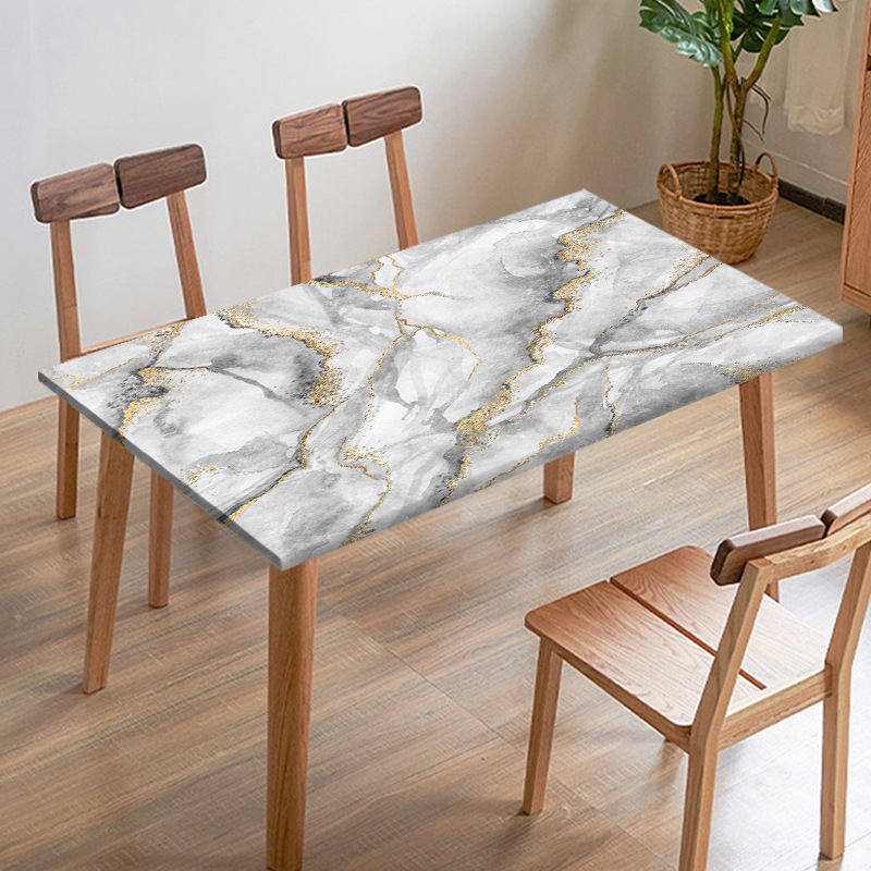 Customized Imitation White Marble Gilt Texture Tablecloth Restaurant Dining Table Edge Digital Printing Fabric Table Cover for Home Use