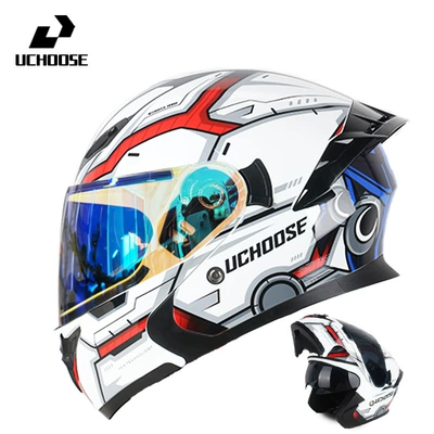 Certified Motorcycle Flip-Up Helmet with Motorcycle Safety Supplies - mecha-aurora-blue-comes-with-transparent-mirror-bluetooth-headset-m