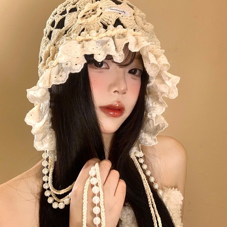 2025日系新甜美珍珠镂空花朵针织帽子女秋季时尚花边流苏手编织帽|undefined
