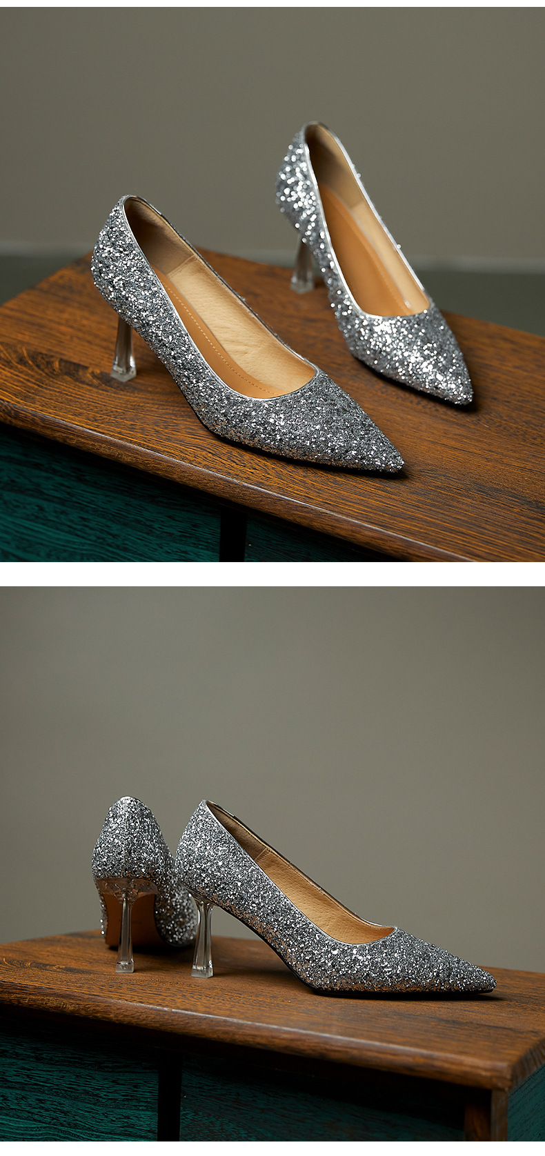 Giày cao gót nữ mũi nhọn đính sequin gót pha lê bạc — Màu bạc chi tiết 9