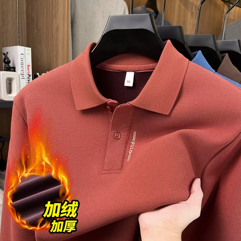 2025冬季男士新款翻领POLO衫长袖字母加绒加厚舒适保暖打底衫上衣