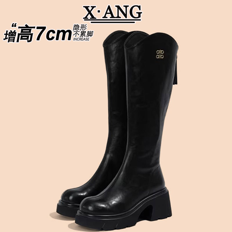 牛皮版粗跟V口高跟长筒靴小个子厚底增高不过膝高筒靴子女骑士靴|undefined