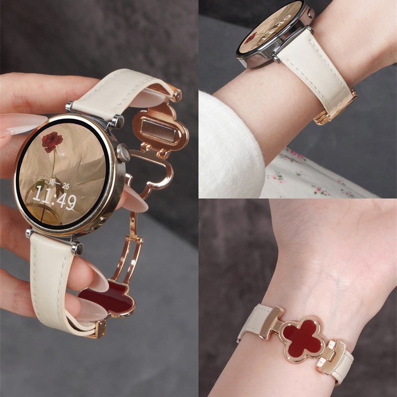 Suitable for Huawei Gt6 Watch Gt5 Strap Gt6Pro Genuine Leather 3Pro Women's Watch4 Four-Leaf Clover Magnetic Buckle