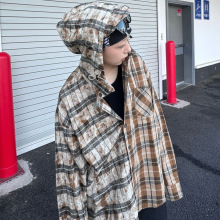 原创美式潮牌做旧扎染格子连帽长袖衬衫男女ins潮流情侣衬衣