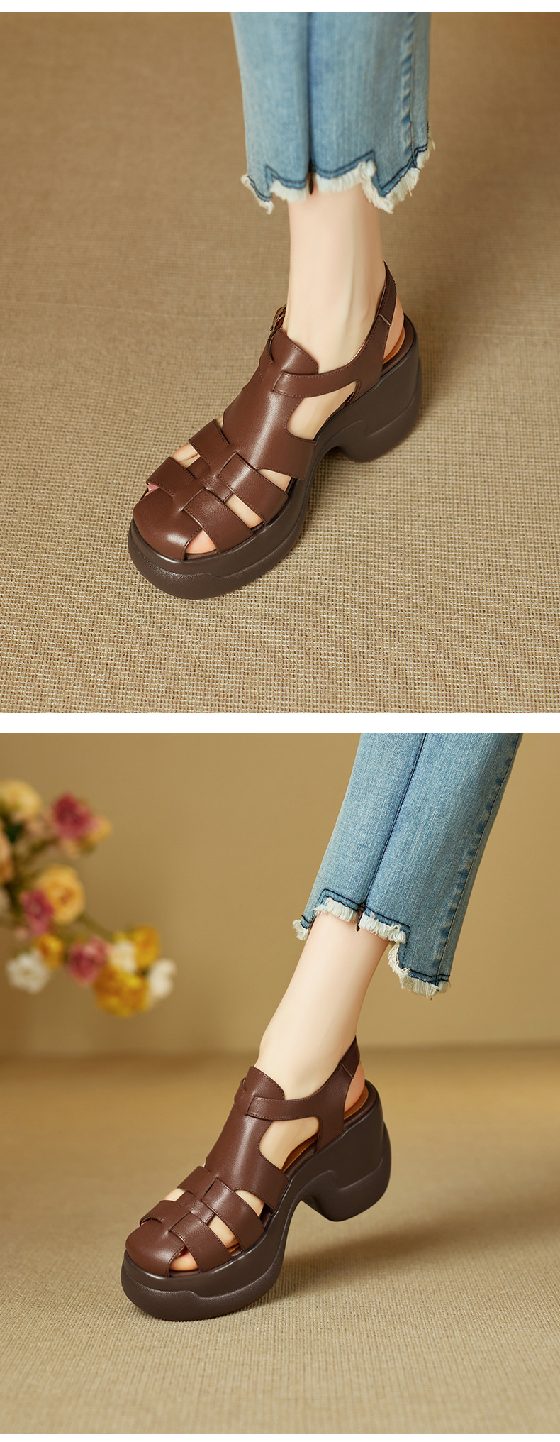 Sandal cao gót nữ mũi bao đế platform 9 cm quai chữ T kiểu La Mã — nâu sẫm chi tiết 6