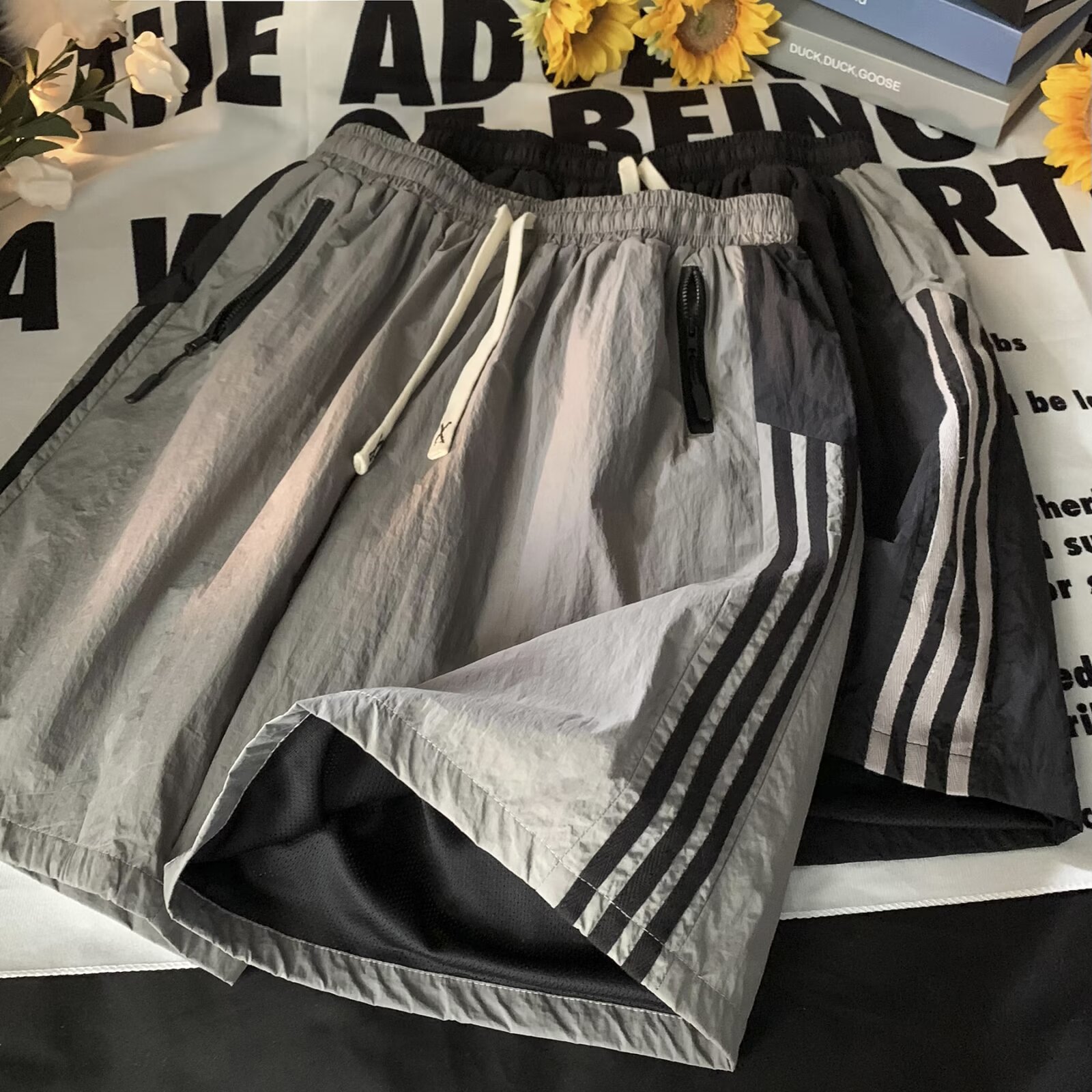 Ice Silk Quick-drying Shorts Men's Summer Thin American Style Retro Pants High Street Trendy Brand Sports Striped Five-point Pants