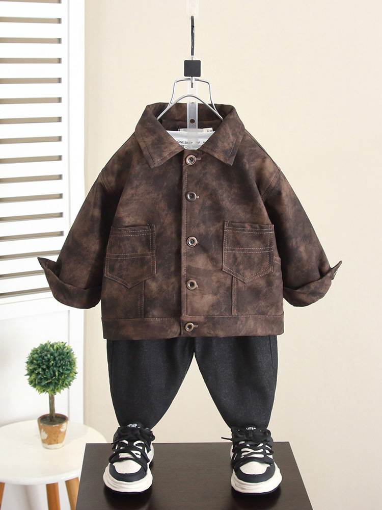 6352 Ropa de otoño para niños Chaqueta de cuero coreana Ropa para niños Chaqueta de cuero de primavera y otoño 2025 Nuevo estilo de moda para bebés Calle frita