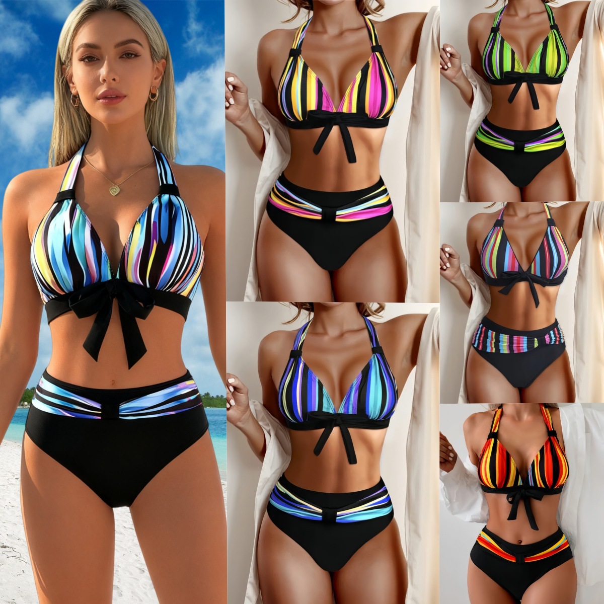 Swimwear Export New Stripesd Printed Bikini Amazon Aliexpress Cross-Border Split Swimsuit Bikini Women