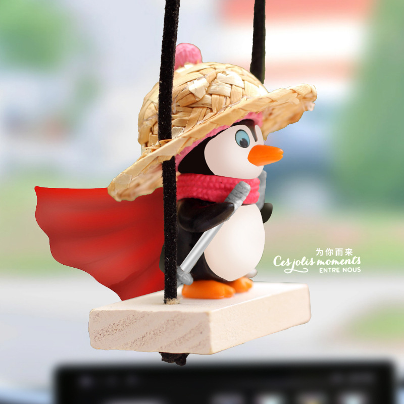 Colgantes para automóviles, accesorios colgantes para automóviles, swing, sombrero de paja, pingüino, espejo retrovisor creativo, colgantes, productos para el interior del automóvil