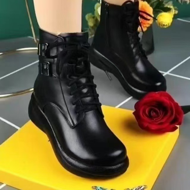 2025年秋冬新款复古短筒靴女加绒中老年妈妈靴松糕厚底纯色马丁靴|undefined