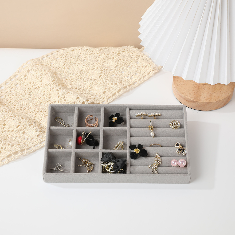 首饰收纳盒首饰盘饰品展示托盘灰色绒布耳钉珠宝箱展示收纳盒道具