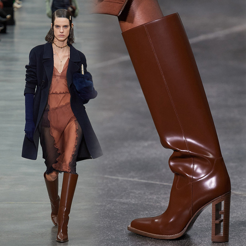 Fashionable high boots square toe heels