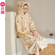 芬腾【抗静电速暖绒】女士睡袍秋冬季连帽睡衣布朗熊可外穿家居服