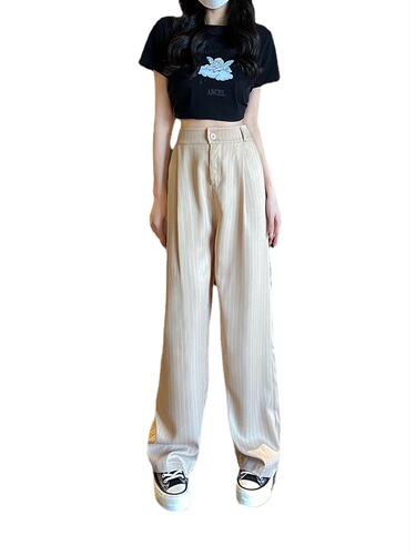 Women's Loose Striped Summer Suit Pants with Drape, Casual Long Trousers, Korean Style, Trendy High-Waisted Wide Leg Straight Leg Slimming