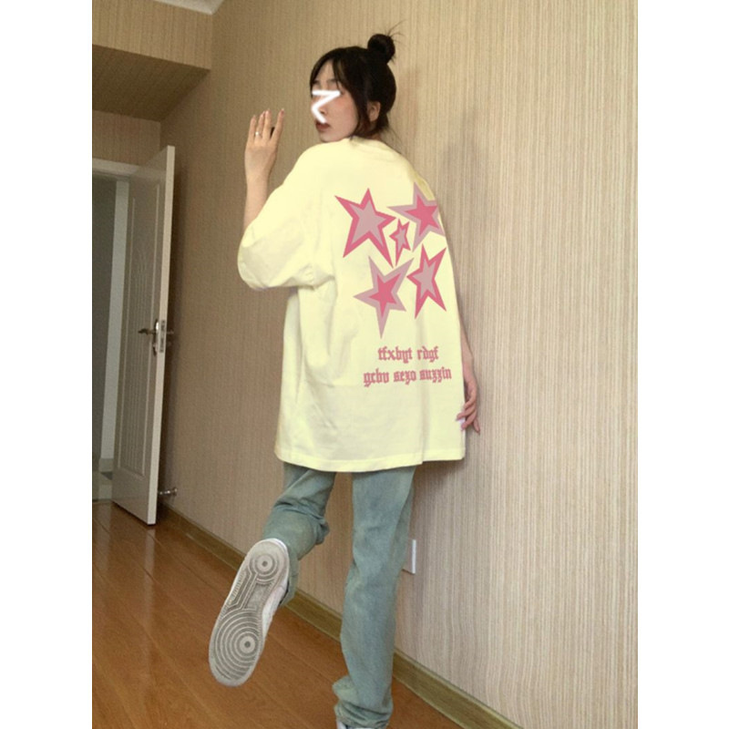아메리칸 스타일 하이 스트리트 숄더 스타 반팔 티셔츠 여성 여름 디자인 센스 니쉬 트렌디 브랜드 도파민 탑 커플 원피스