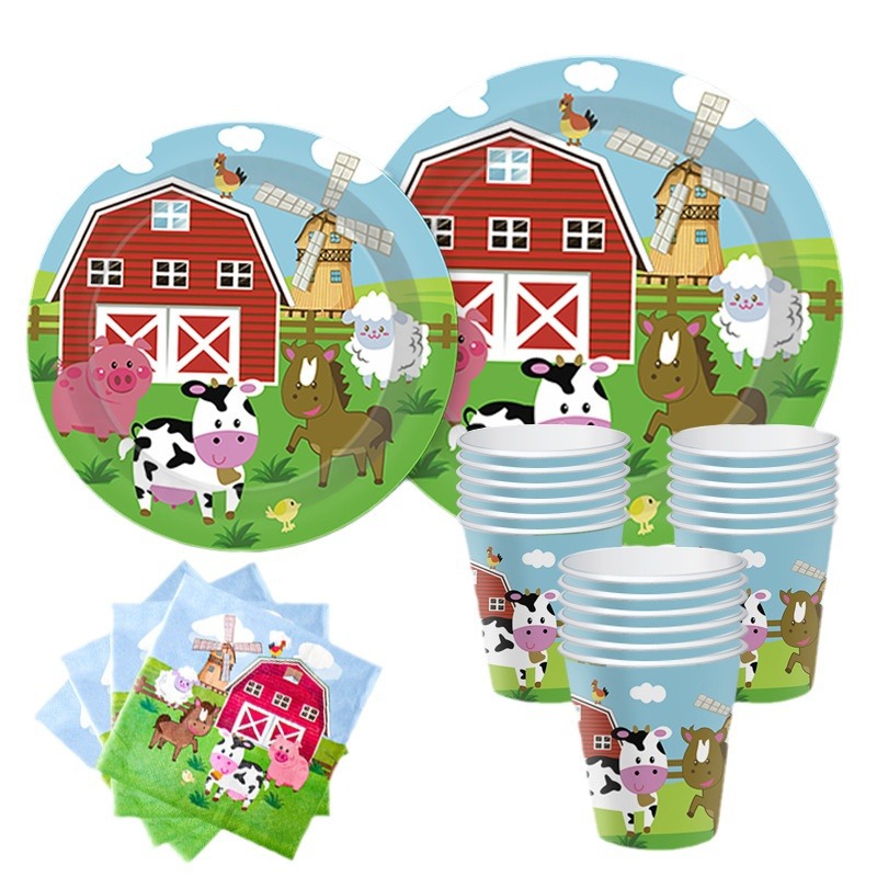 Amazon Animal Farm Tema del partido traje de cumpleaños de los niños taza de papel desechable Placa de papel mantel decoración al por mayor