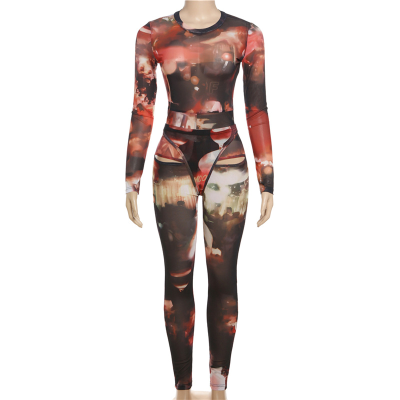 Women Spring Clothing Sexy Mesh Floral Print T Shaped Skinny Hip Raise Jumpsuit