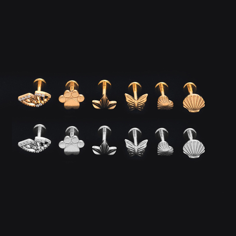 3g Weight Zircon Inlay Material Retro Paw Print Butterfly Shell Titanium Steel Inlay Zircon Lip Stud