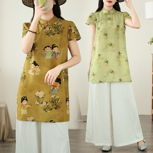 2025 Summer New Retro New Chinese Style National Style Improved Literary Printing Mid-Length Short-Sleeved Shirt Tops for Women