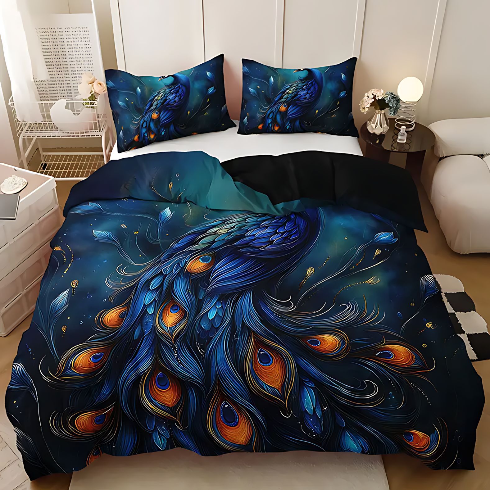 TEMU / JIT ropa de cama transfronteriza esponjosa cubierta de colchón conjunto de lujo moderno peacock impresión digital HD