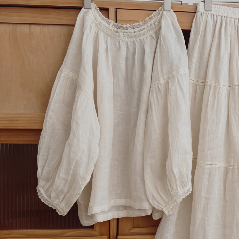 Almond white. Poison Home Homemade Enzyme Washing Natural 100 Ramie Crewneck Eight-point Sleeve Doll Shirt Pullover Top Women