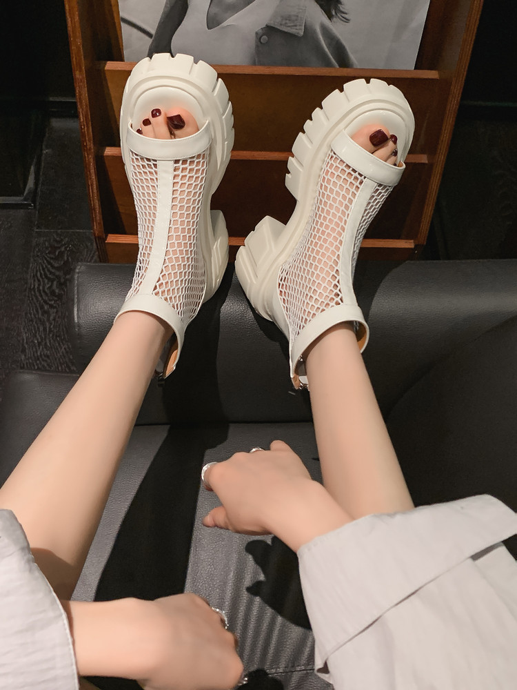 Giày boot lưới da thật mùa hè 2026 cổ thấp, gót thô 9 cm, đế tăng chiều cao, thoáng khí, hở mũi — đen, trắng chi tiết 14