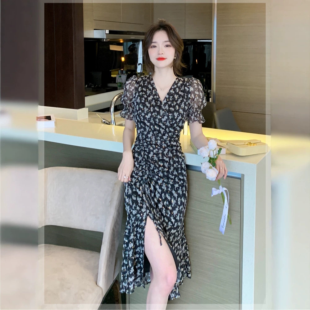 Đầm maxi nữ thắt eo đuôi cá họa tiết hoa mạ vàng kiểu Pháp — Hoa màu đen chi tiết 4