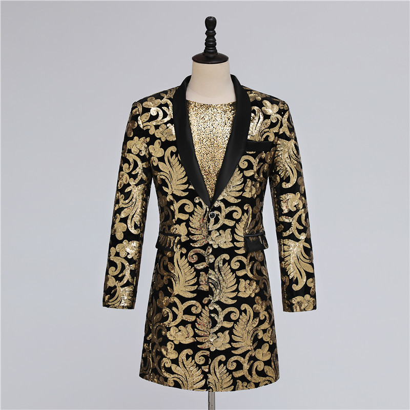 Men's sequined jazz dance long coats singer male black gold embroidered sequined long blazer Magician host choir singers rapper stage performance long jackets