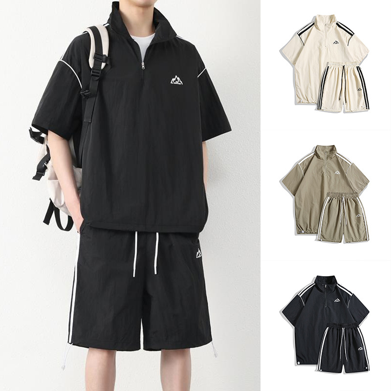 Traje de media cremallera pantalones cortos de manga corta ropa de protección solar de seda de hielo delgada de verano para hombres