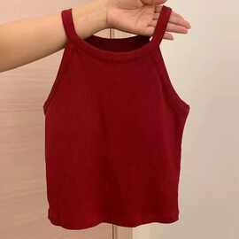 女童韩系洋气简约百搭吊带打底衫夏季复古红短款背心无袖儿童上衣