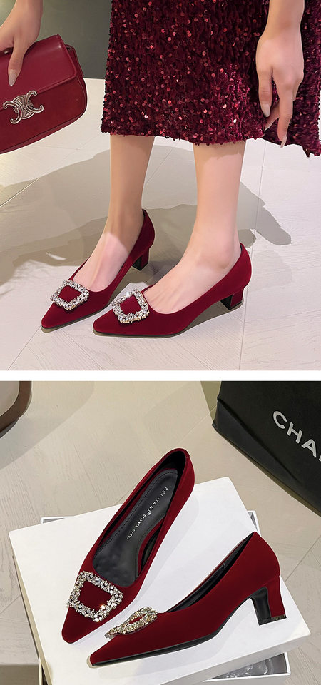Giày cao gót nữ mũi vuông gót dày đính đá khóa vuông chất liệu cashmere — màu đỏ, nâu chi tiết 7
