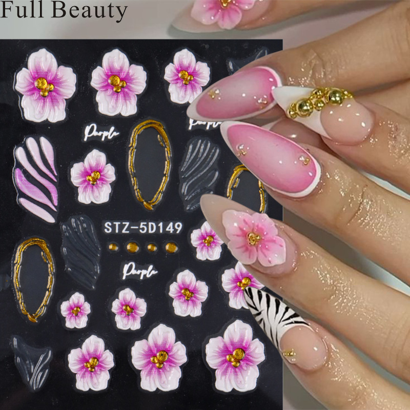 FULL BEAUTY跨境新款美甲贴纸浮雕秋冬粉色渐变花朵金色线圈贴纸|undefined