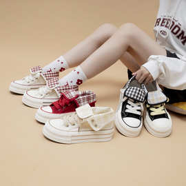 时尚翻折格纹帆布鞋女2025新款复古休闲百搭厚底增高系带小白鞋潮