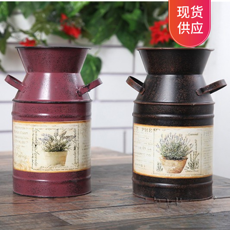 铁皮家居装饰摆件花瓶礼品摄影道具复古做旧铁皮桶插花复古铁艺