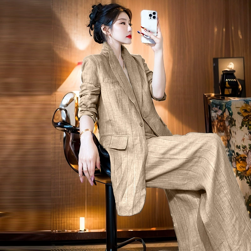 2782 Весенний и летний женский большой размер хлопка и льна дышащий костюм толстый мм продвинутый повседневный пиджак из двух частей