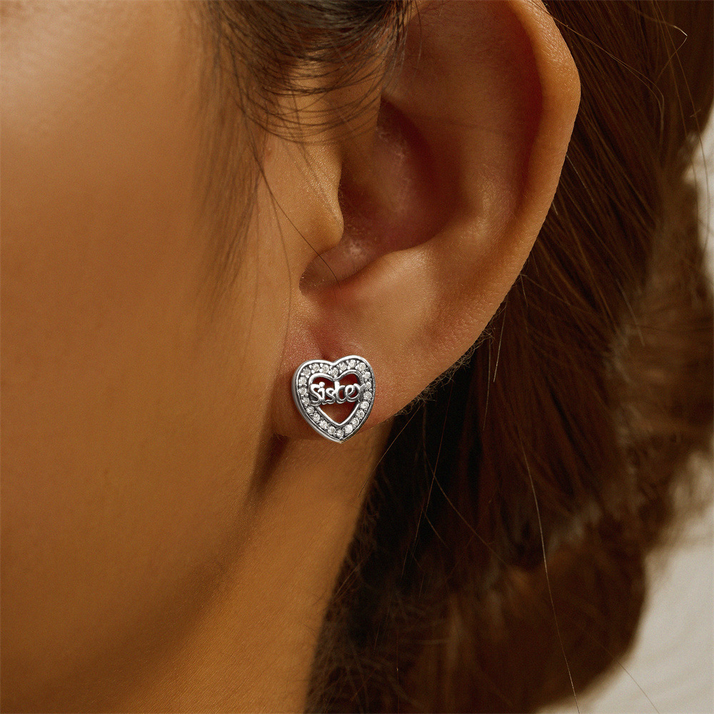 4g Weight Zircon Inlay Material Ear Studs Classification 1 Pair Quantity Daily, Festival Occasion 925 Sterling Silver Material Mother'S Day Festival Letter, Heart Shape Pattern Women's Gender Plating, Inlay Design Simple Style Style 1 Pair 925 Sterling Silver Zircon Letter Heart Shape Ear Studs 14