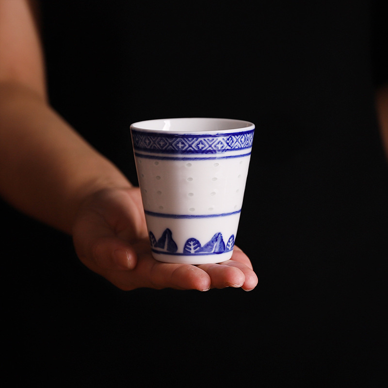 景德镇简约中式茶杯陶瓷杯子单个啤酒杯家用仿古中国风青花喝水杯