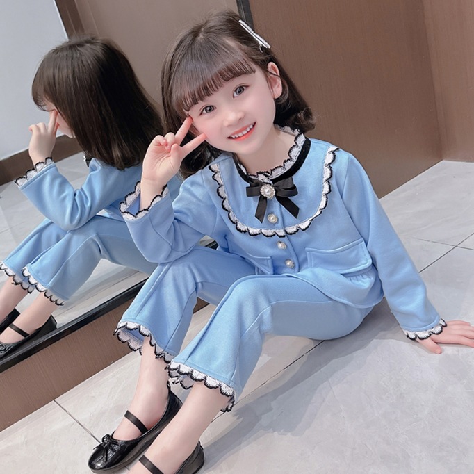 女童小香风套装2024春秋季新款韩版儿童蕾丝边外套+喇叭裤两件套