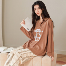 春秋季新款女士可爱睡衣套装长袖休闲家居服纯棉长裤可外穿加大码