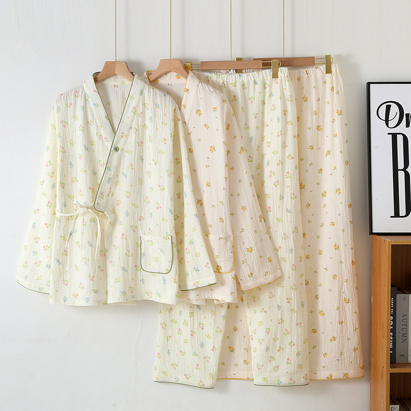 Pregnant women and babies cotton cotton double-layer gauze monthly clothing pajamas spring and autumn summer thin long sleeve postpartum nursing home clothing