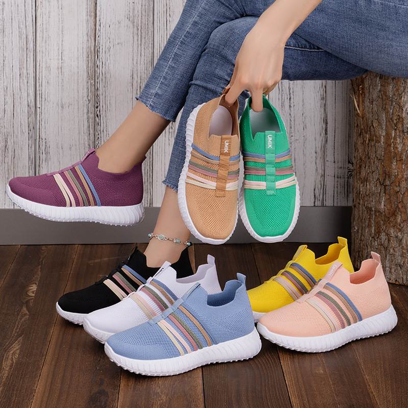 鞋子女鞋百搭新款跨境大码一脚蹬妈妈鞋飞织透气网面鞋时尚休闲鞋
