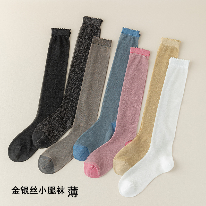 Gold and silver Shim socks spring and summer thin breathable boneless long tube non-slip Japanese ins tide bright stockings children Wholesale