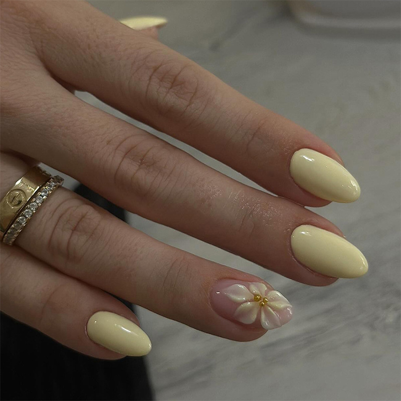Cross-Border Hot-Selling Wearable Nails French Yellow Almond Nails 3D Three-Dimensional Flower Fake Nails Removable Nail Art Pieces Wholesale