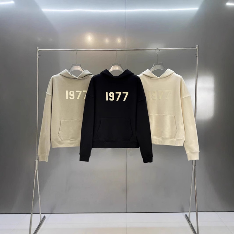 Fog Beige Flocked 1977 Hoodie American High Street Loose Trendy Brand Versatile Fleece-Lined Casual Sweatshirt Men's Autumn and Winter Trend