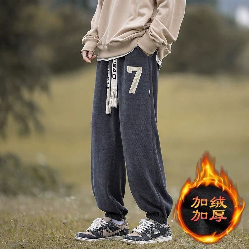 Плюшевые брюки повседневные мужские брюки тяжелые брюки американские вельветовые брюки мужские 2024 осень-зима вышивка свободные большие размеры