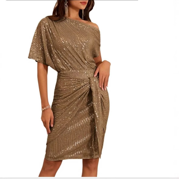 2026 European and American Cross-Border Women's Sequined Party Club One-Shoulder Ruched Toast Dress Fashion Dress 2026 European and American Cross-Border Women's Sequined Party Club One-Shoulder Ruched Toast Dress Fashion Dress