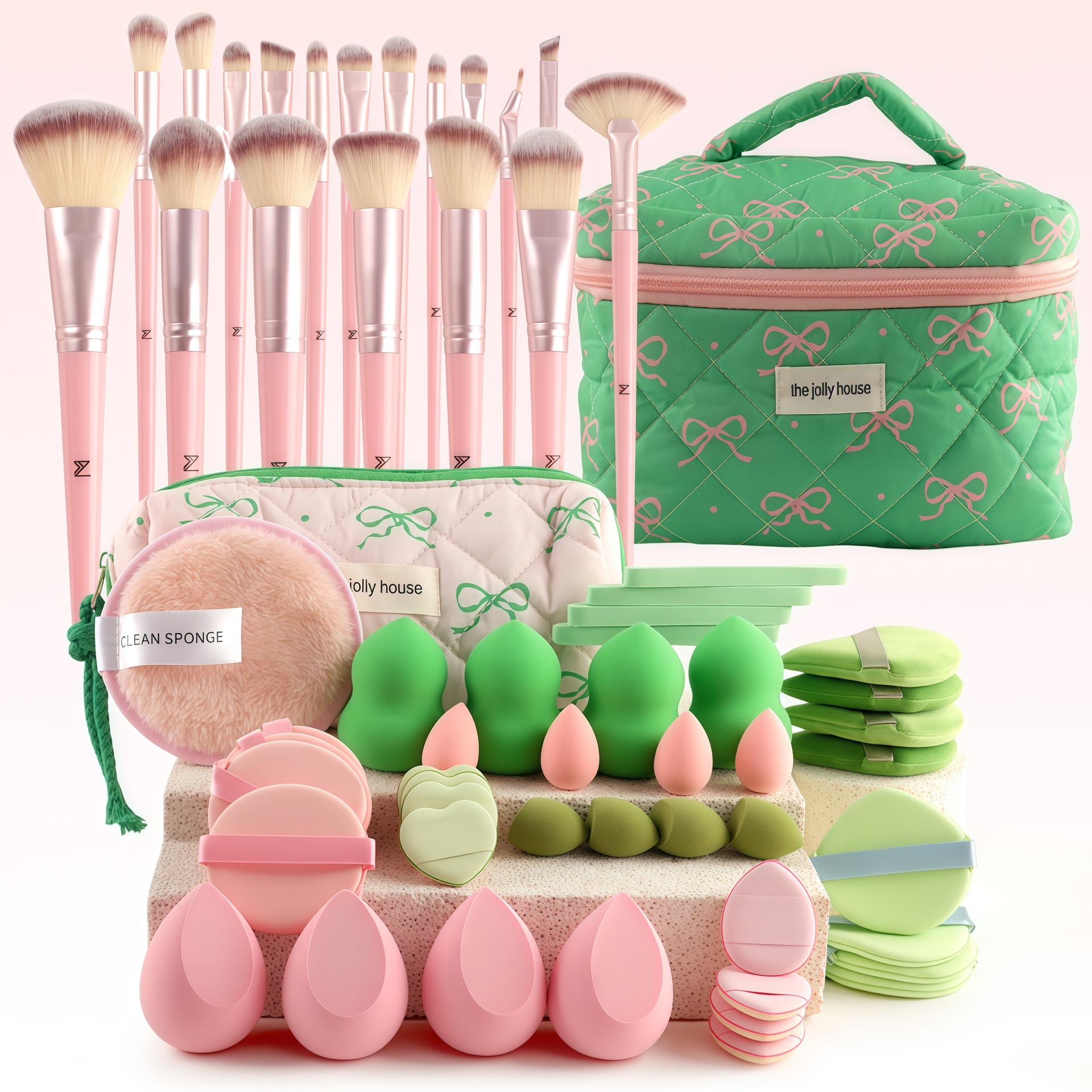68 paquetes de bolsas de cosméticos dulces para niñas, brochas de maquillaje portátiles de gran capacidad, borlas de maquillaje, herramientas de combinación de maquillaje antes y después del maquillaje
