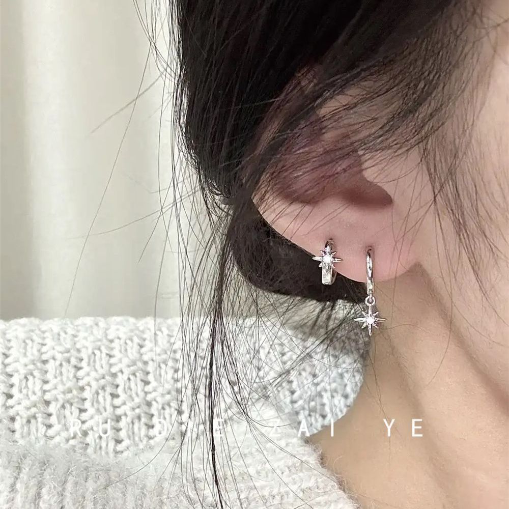 Kuning Sun Star Zircon Hoop Earrings Double Ear Hole Stacking Versatile Ear Buckle Asymmetric Earrings