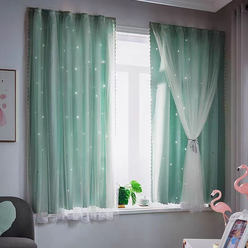 Moderno minimalista estrella doble sombra de tela de encaje cortina de dormitorio balcón hueco estrella cortina terminada