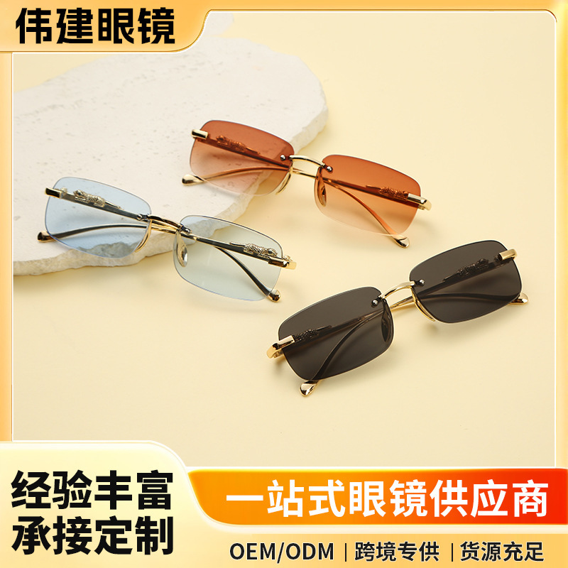 Cross-Border Frameless Sunglasses with Leopard Head Design, European and American Fashion Metal Sunglasses, Uv Protection, Wholesale Sun Glasses